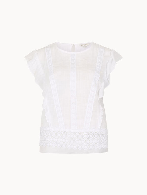 Ruffle Embroidered Cotton Top, White, large