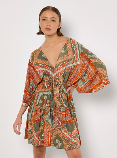 Satin Scarf Print Kaftan Mini Dress