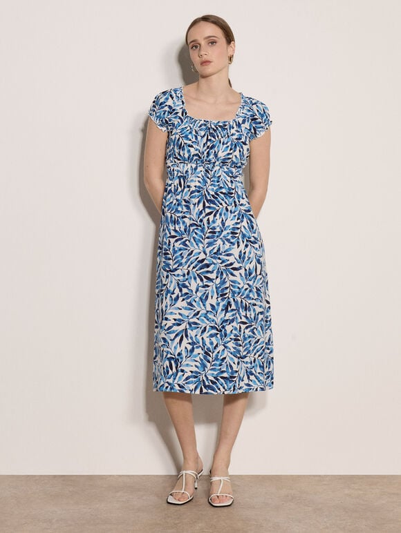 Watercolour Leaf Midi Dress, Blue, large