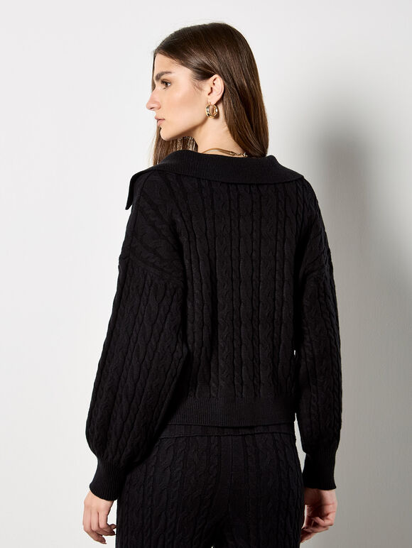 Twisted Cable Knit Crop Jumper, Black, large