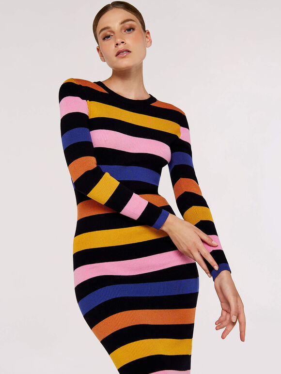 Striped Knitted Midi Dress, Black, large