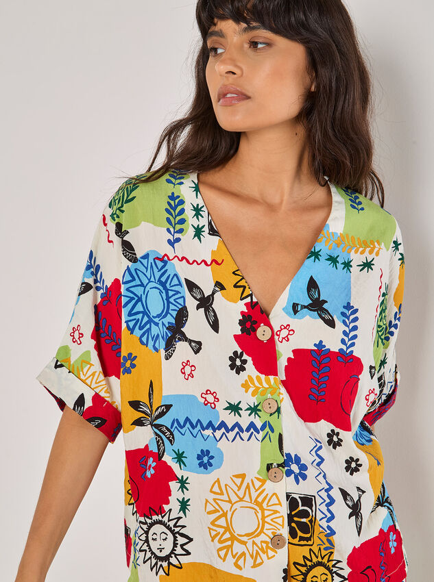 Colourful Sketch Print Top, Cream, large