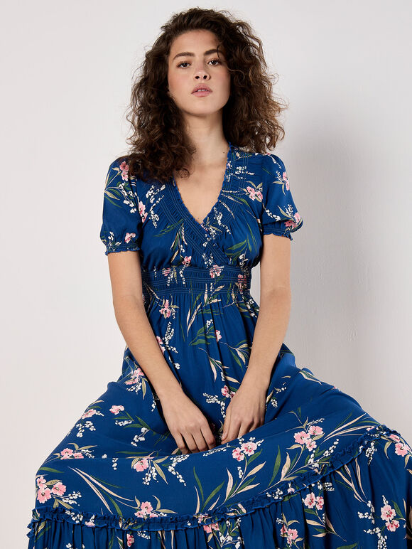 Watercolour Floral Smocked Maxi Dress, Blue, large