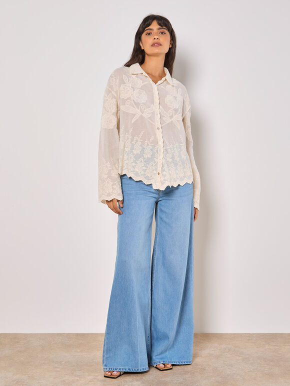 Floral Embroidered Cotton Shirt, Stone, large