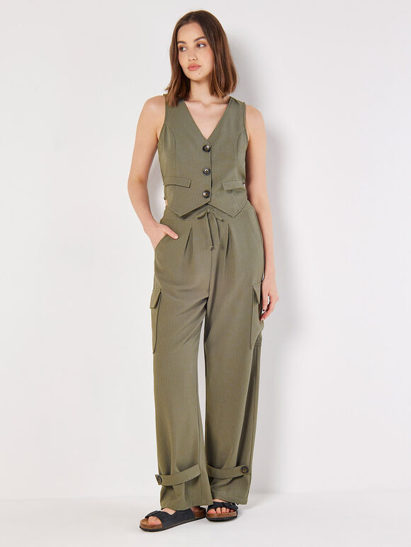 Textured Pinstripe Waistcoat, Khaki, large