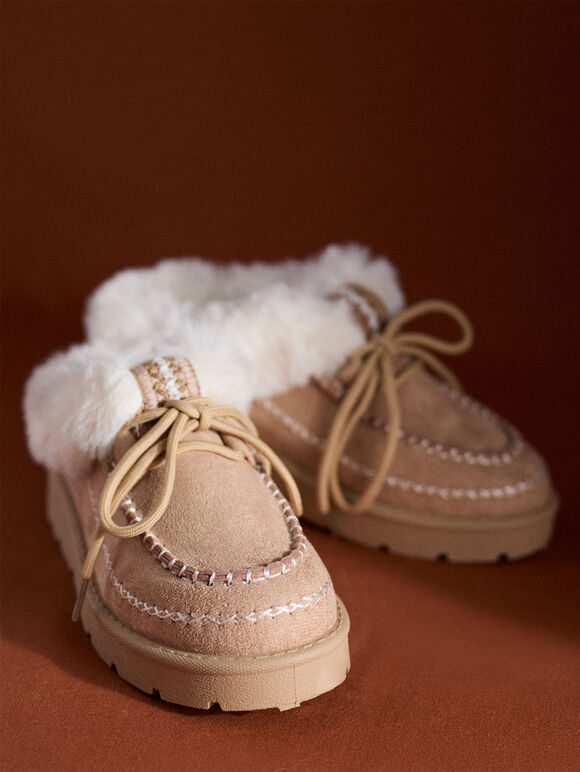 Sherpa-Lined Slip-On Moccasins, Stone, large