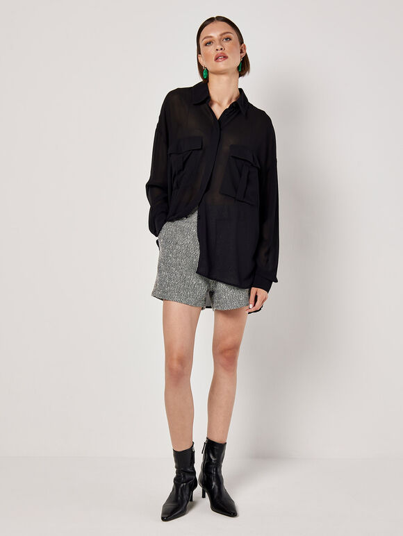 Oversized Chiffon Shirt, Black, large