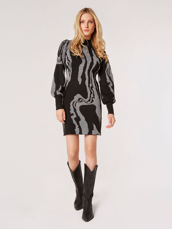 Metallic Swirl Jumper Mini Dress, Black, large