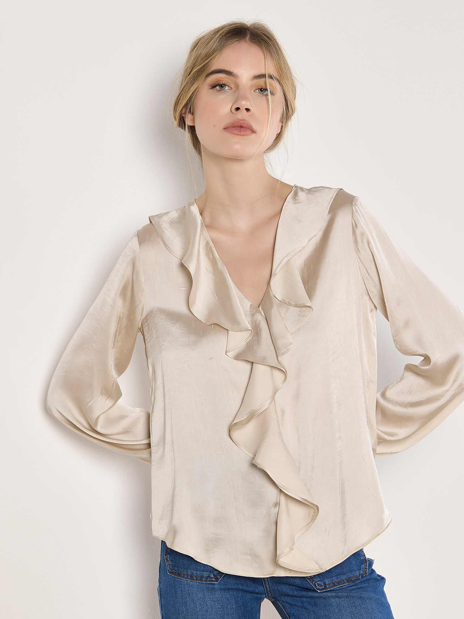 Textured Satin Ruffle Blouse | Apricot Clothing