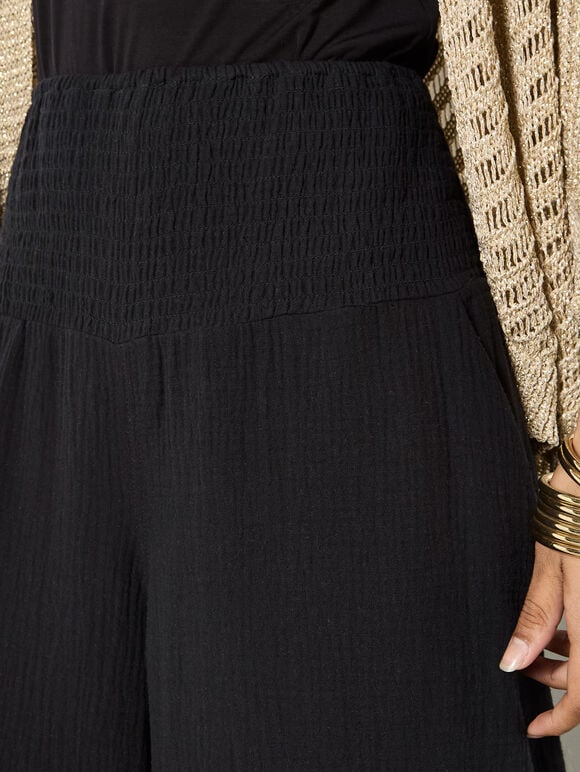 Textured Cotton Wide-Leg Trousers, Black, large