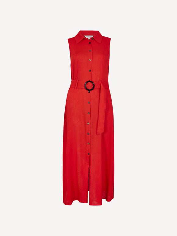 Linen Blend Shirt Midi Dress, Red, large
