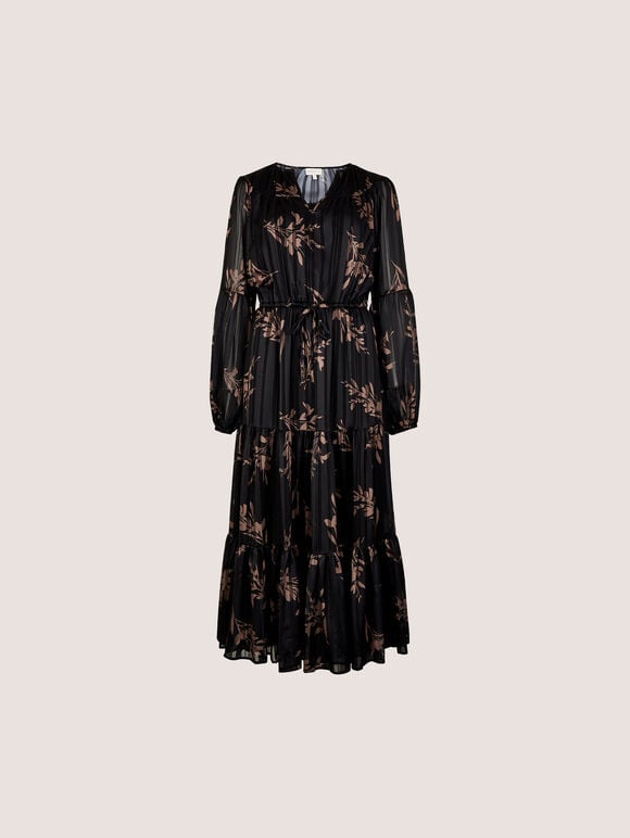 Metallic Shimmer Floral Silhouette Midi Dress, Black, large