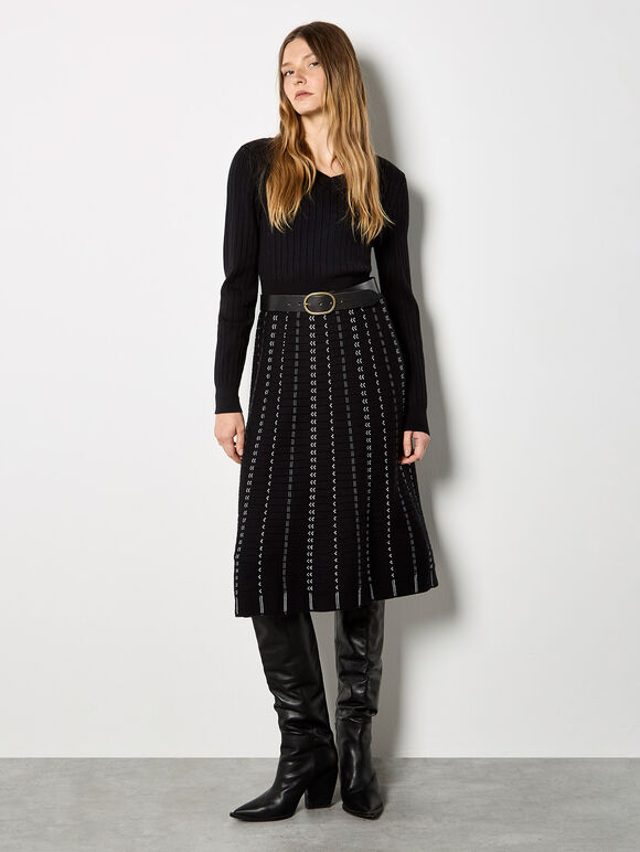 Mini Chevron Stripe Knitted Midi Dress, Black, large