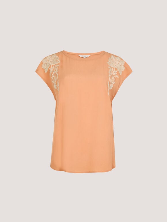 Floral Embroidered Crepe Top, Peach, large