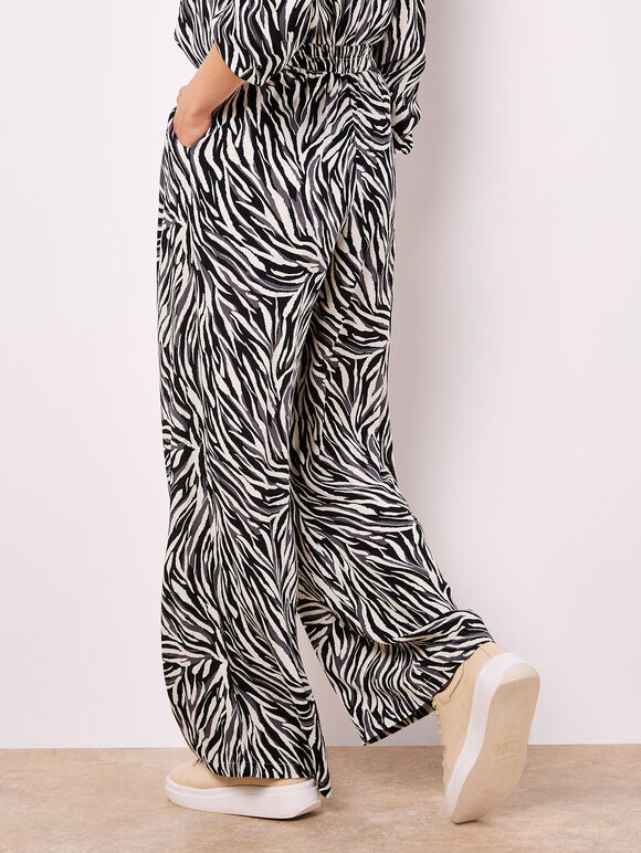 Zebra Print Wide Leg Trousers, Stone, large