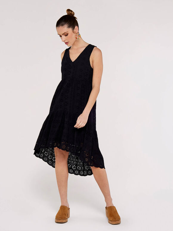 Mini-robe High-Low Anglaise, Noir, large