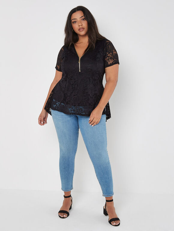 Lace Zip Front Top, Black, large