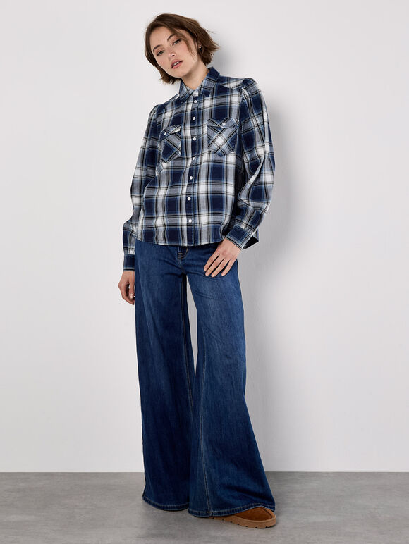 Washed Check Western Shirt, Blue, large