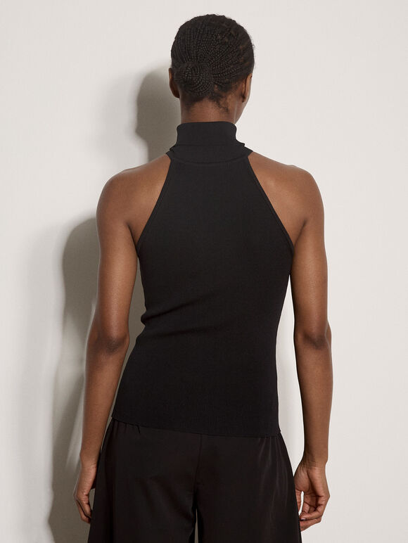 Roll Neck Knitted Tank Top, Black, large