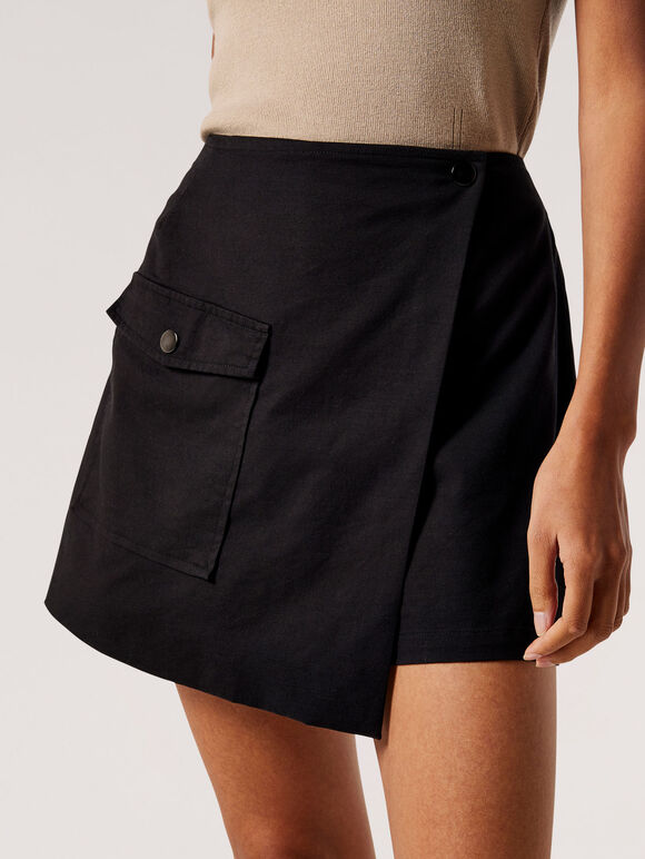 Cotton Twill Cargo Mini Skort, Black, large