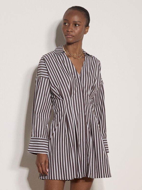 Stripe Shirt Cotton Mini Dress, Brown, large