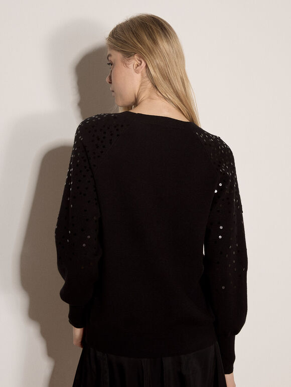 Sequin Sleeve Ribbed Knit Jumper, Black, large
