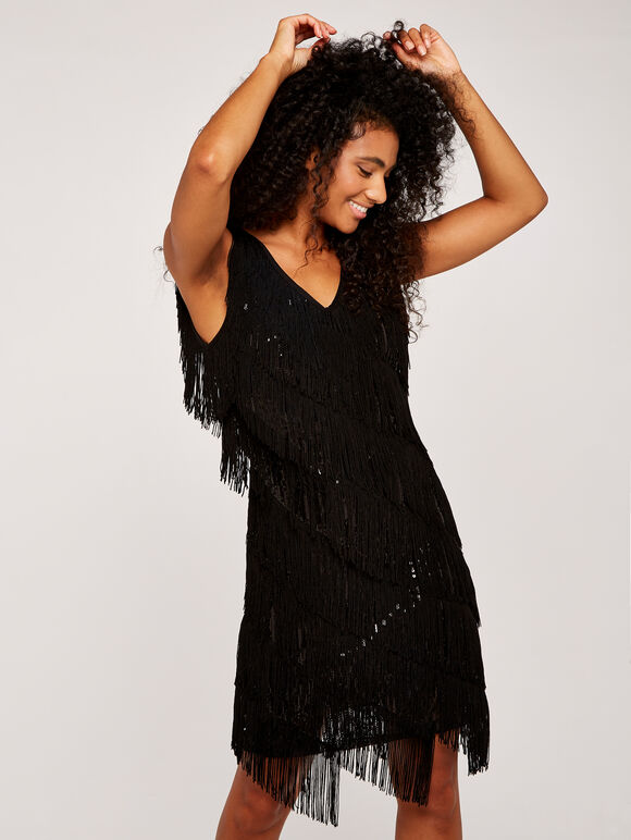Sequin & Tassel Mini Dress, Black, large