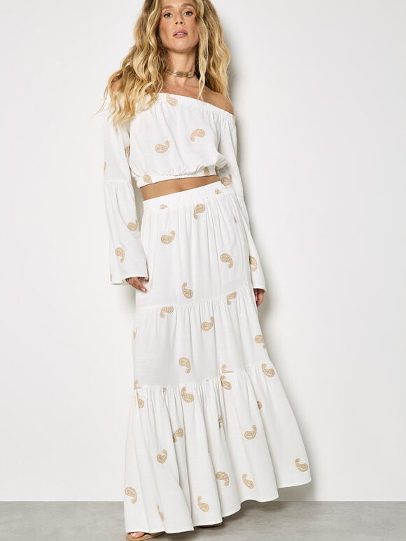 Paisley Embroidered Tiered Maxi Skirt, Cream, large