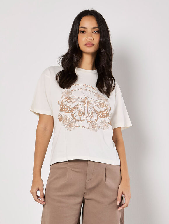 Free Spirit Embroidered Butterfly T-Shirt, Cream, large