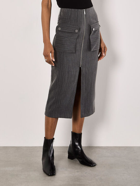 Pinstripe Cargo Midi Skirt, Black, large