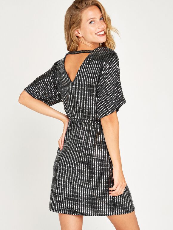Sequin Kimono Dress, Black, large