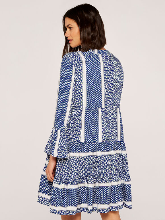 Gestuftes Kleid mit geometrischem V-Ausschnitt, Blau, Größe L