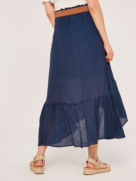 Shark Hem Crinkle Belted Skirt, Navy, large