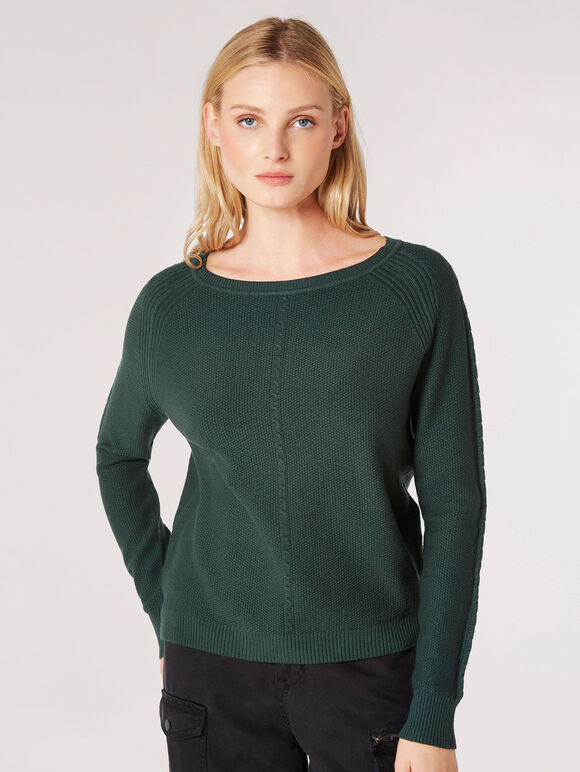 Waffle Knit Aran Jumper, Green, large