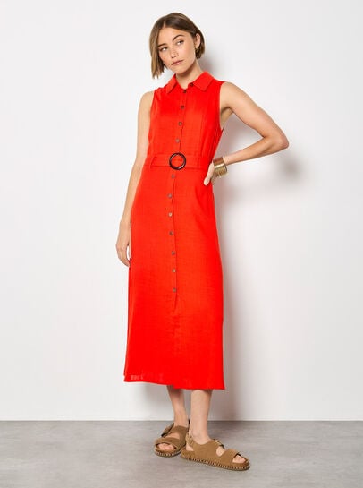 Linen Blend Shirt Midi Dress
