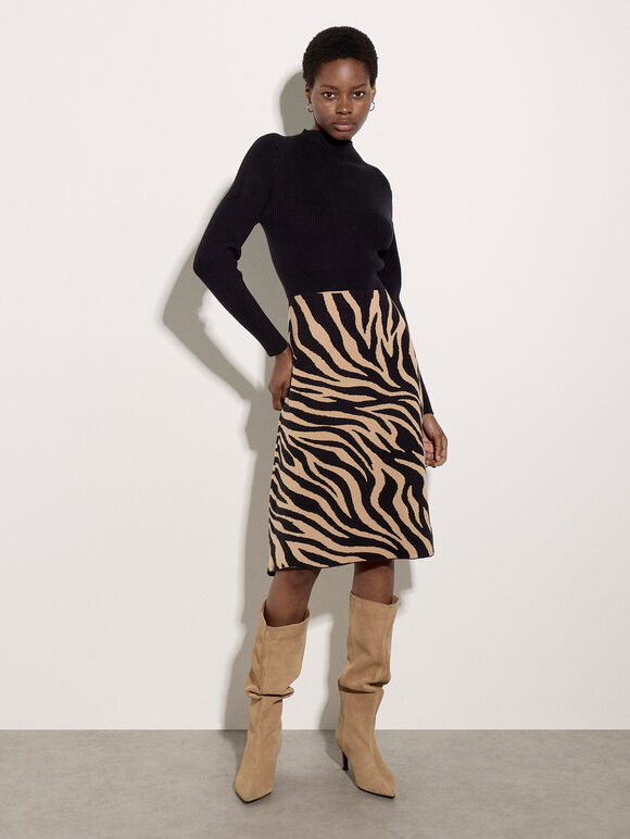 Ribbed Knit Zebra Midi Dress, Black, large