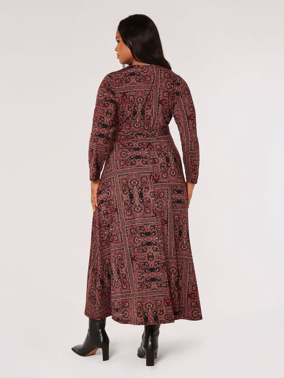 Midaxi-Kleid mit Curve-Schal-Print, Burgunderrot, Größe L