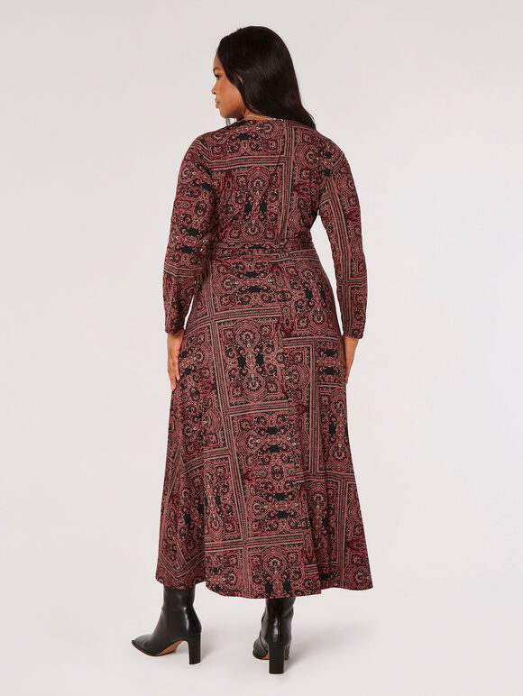 Curve Scarf Print Midaxi Dress, Burgundy, large