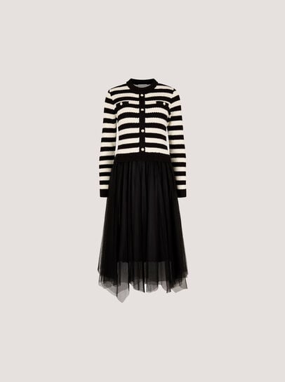 Stripe Knit Bodice Tulle Midi Dress
