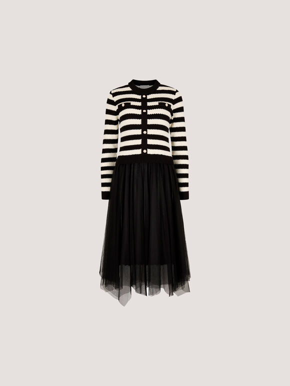 Stripe Knit Bodice Tulle Midi Dress, Black, large