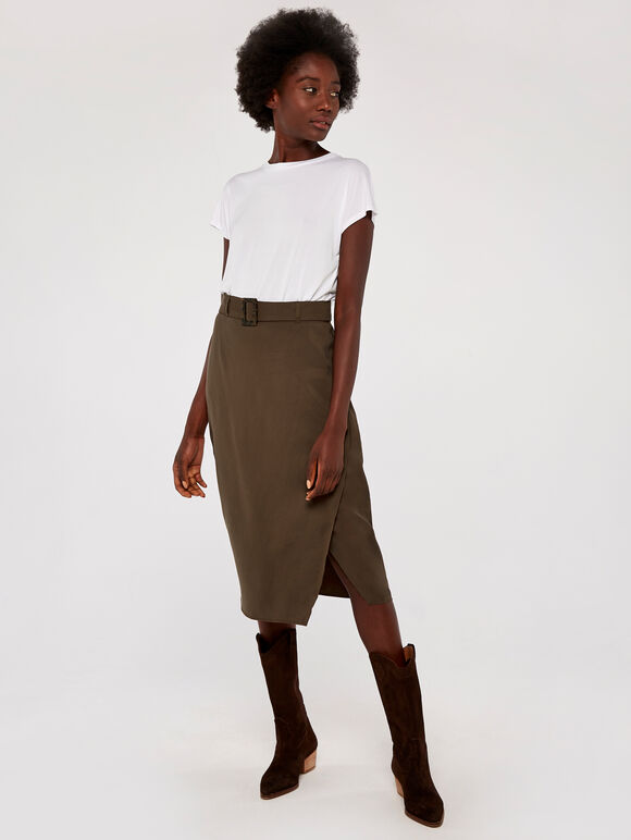 Wrap Buckle Belt Midi Skirt, Brown, large