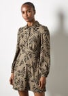 Leaf Print Shirt Mini Dress, Khaki, large