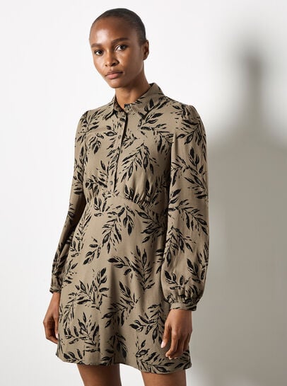 Leaf Print Shirt Mini Dress