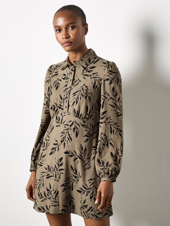 Leaf Print Shirt Mini Dress, Khaki, large