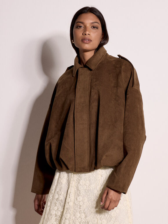 Suedette Bubble Hem Batwing Jacket, Brown, large