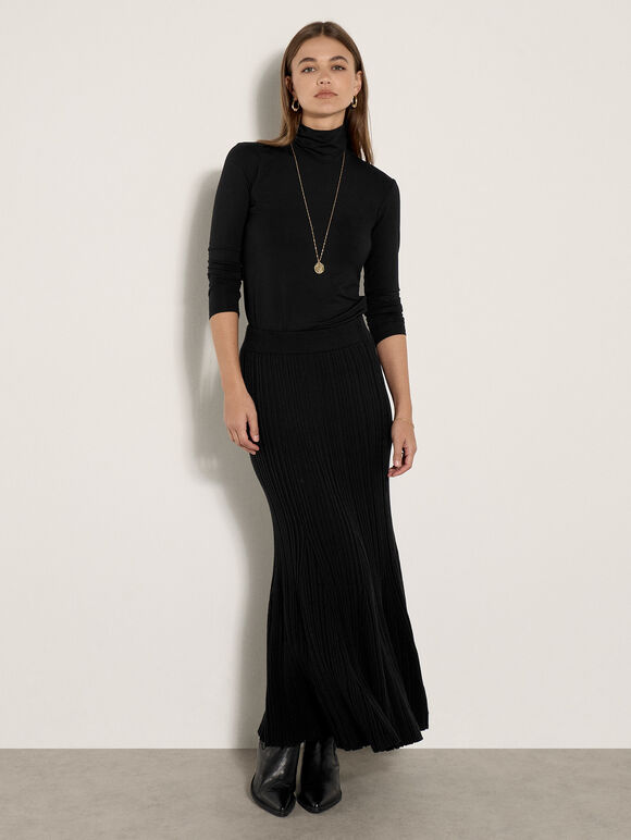 Ribbed Knit Midi Skirt, Black, large