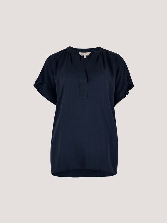 Ruffle Sleeve Woven T-Shirt, Navy, large