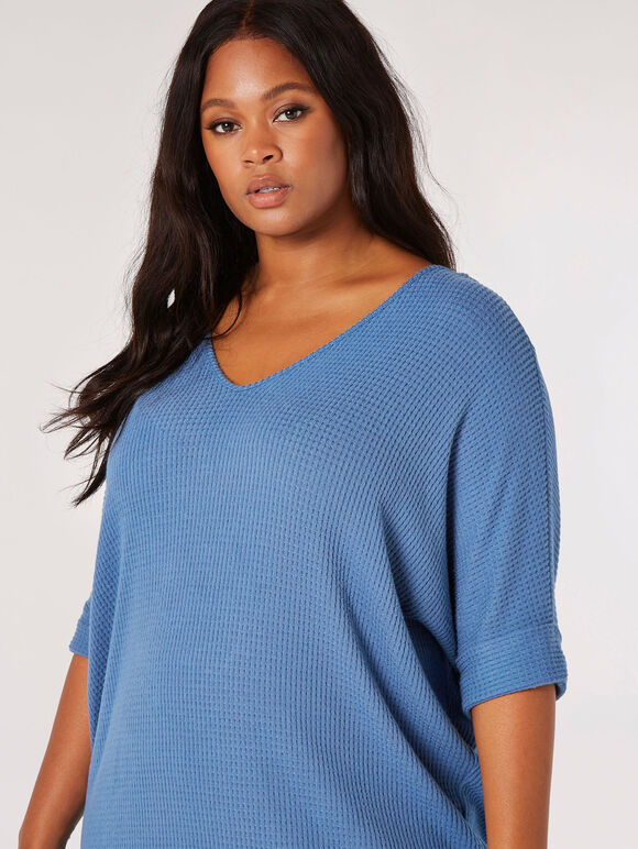 Curve Textured V-Neck Batwing Top, Blue, large