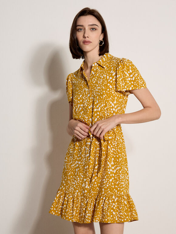 Scattered Squares Shirt Mini Dress, Mustard, large
