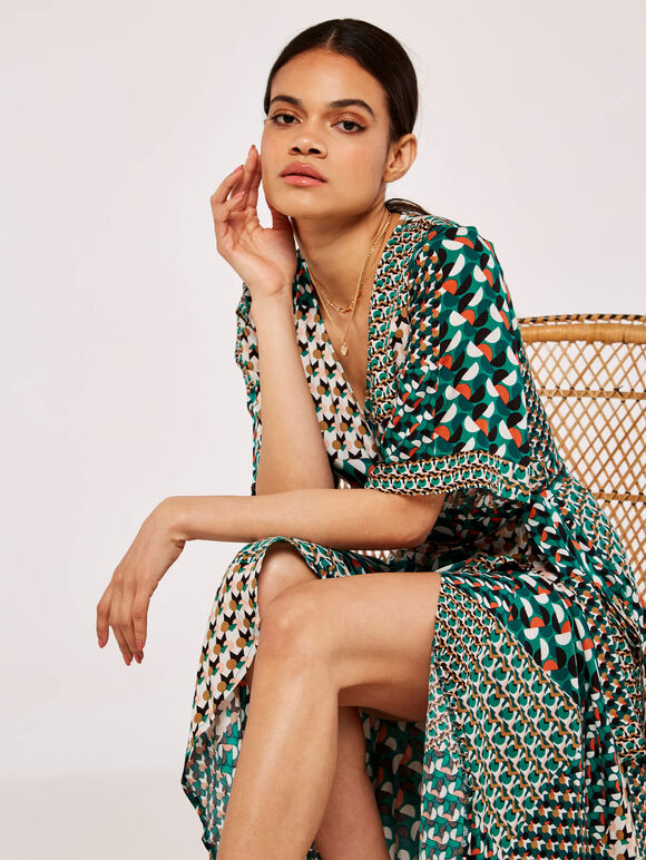 Geometric Patchwork Cocoon Dress, Green, large